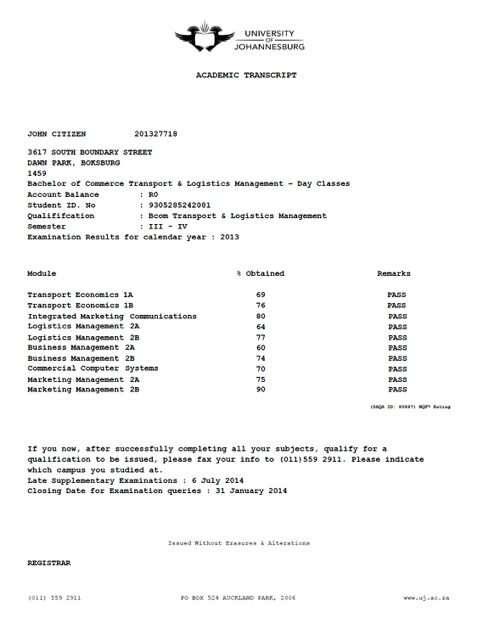 University of Johannesburg academic transcript Word and PDF template