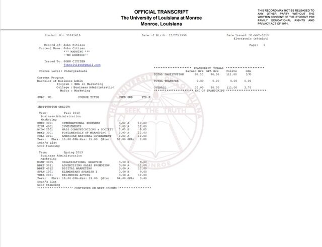 University of Louisiana Monroe official academic transcript Word and PDF template, 2 pages