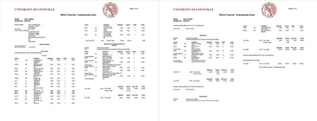University of Louisville official transcript Word and PDF template, 2 pages