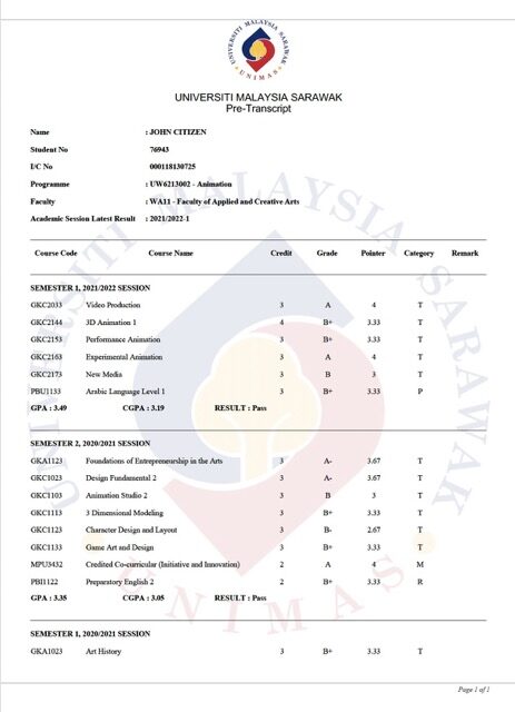 University of Malaysia, Sarawak pre-transcript Word and PDF template