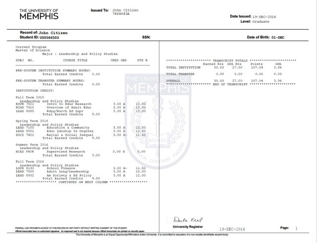 University of Memphis official academic transcript Word and PDF template, 2 pages