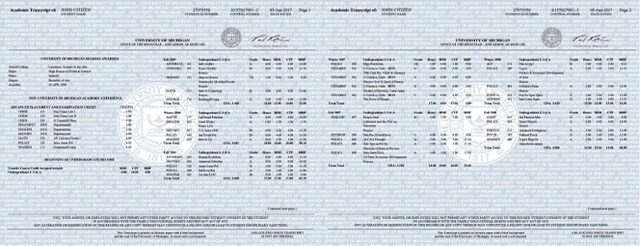 University of Michigan transcript Word and PDF template, 2 pages