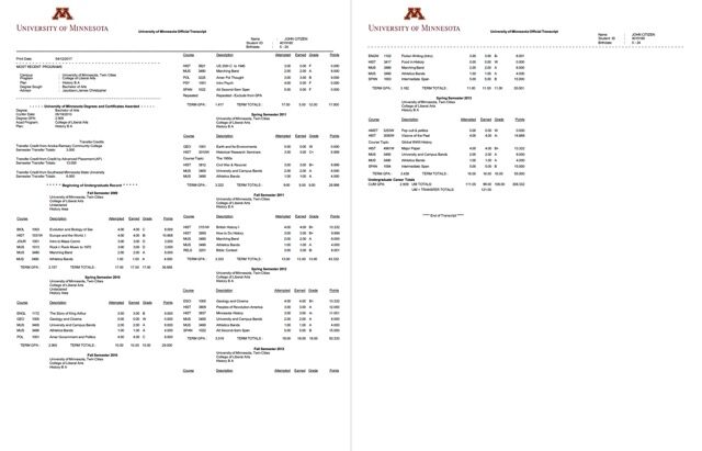 University of Minnesota Twin Cities official transcript Word and PDF template, 2 pages