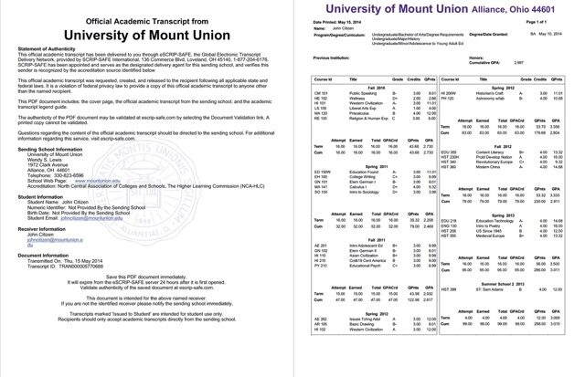 University of Mount Union official academic trasncript Word and PDF template, 2 pages