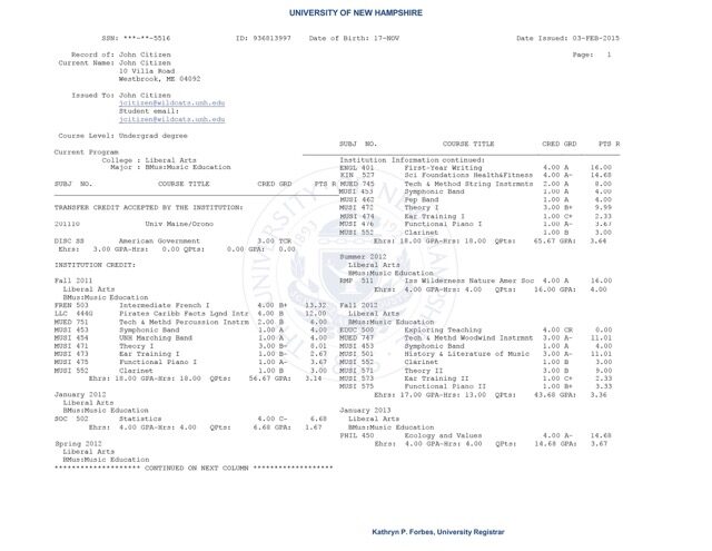 University of New Hampshire official academic transcript Word and PDF template, 2 pages