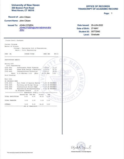 University of New Haven transcript of academic record Word and PDF template