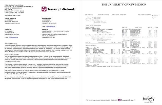 University of New Mexico official academic transcript Word and PDF template, 2 pages
