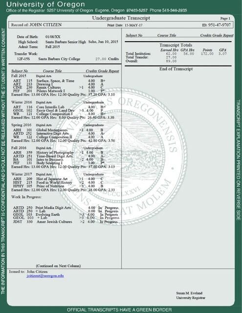 University of Oregon undergraduate transcript Word and PDF template
