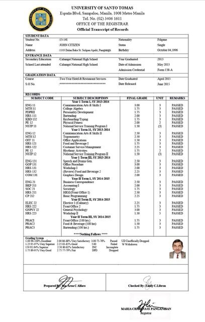 University of Santo Tomas official transcript of records Word and PDF template