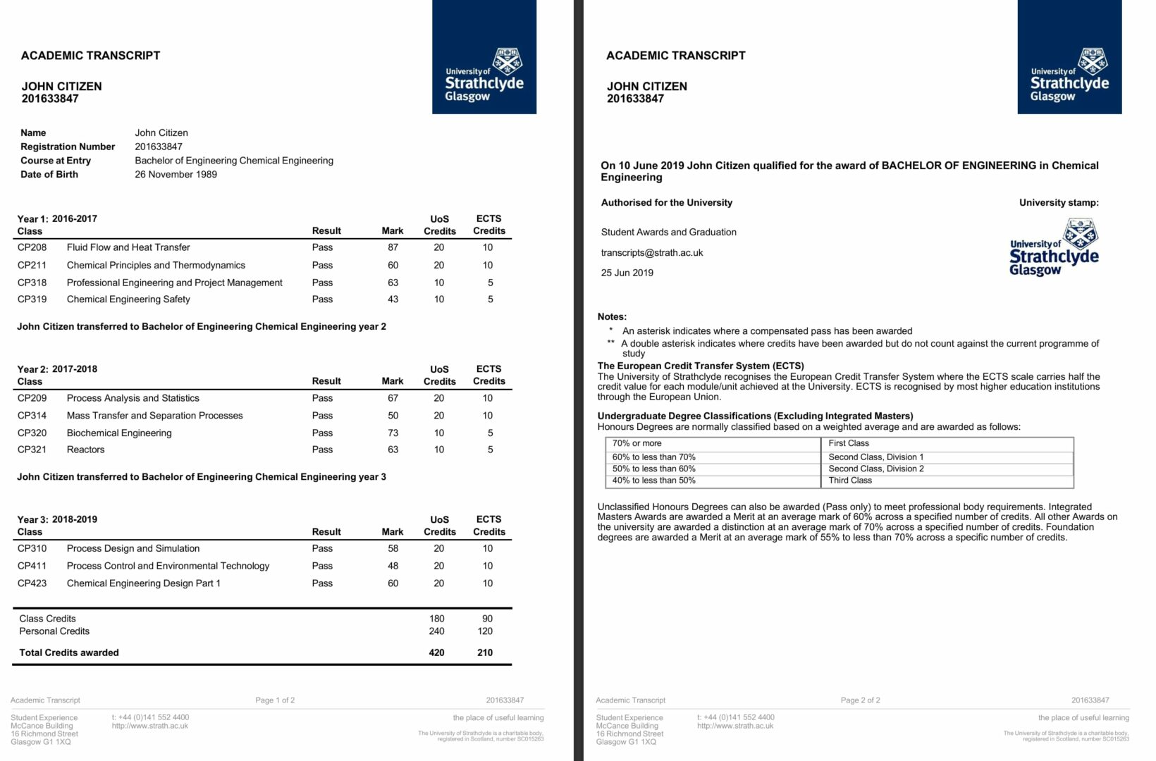 University of Strathclyde Glasgow academic transcript Word and PDF template