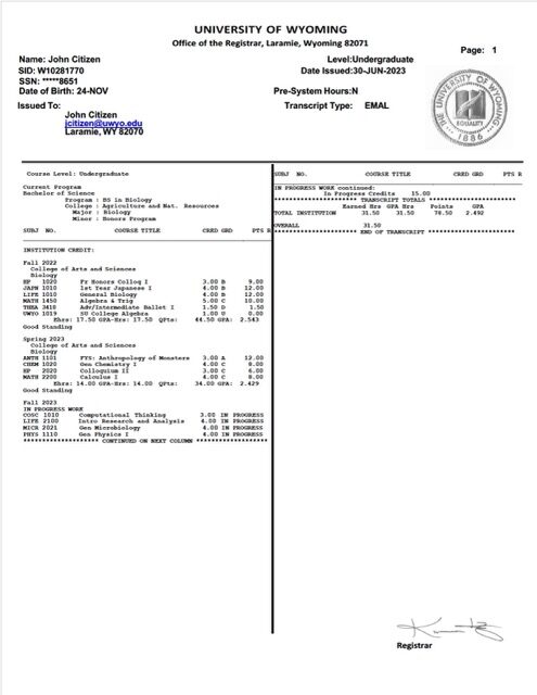 University of Wyoming transcript Word and PDF template