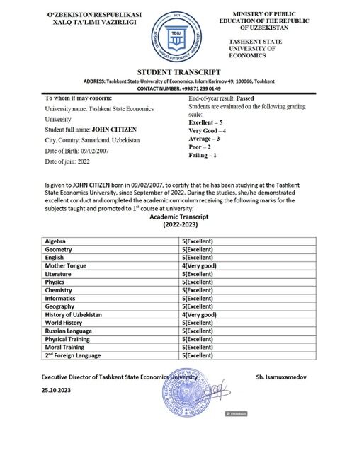 Uzbekistan Tashkent State University of Economics student transcript Word and PDF template