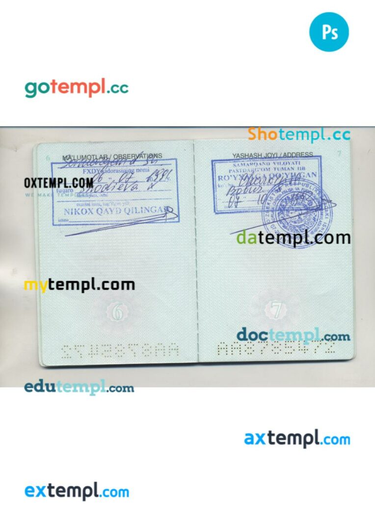 Uzbekistan passport address pages PSD templates