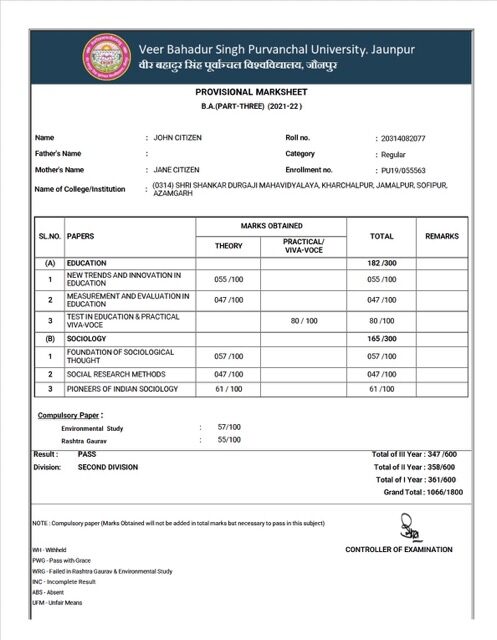 Veer Bahadur Singh Purvanchal University Jaunpur provisional marksheet Word and PDF template