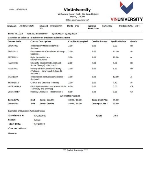 Vietnam VinUniversity transcript Word and PDF template