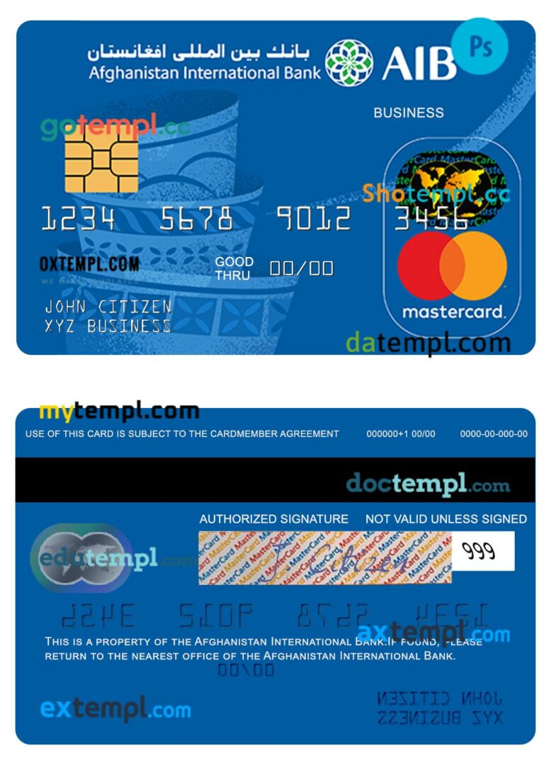 Afghanistan International Bank business corporate mastercard template in PSD format