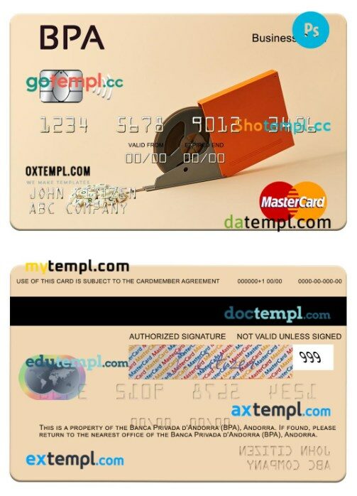 Andorra Banca Privada d'Andorra (BPA) business cash mastercard template in PSD format