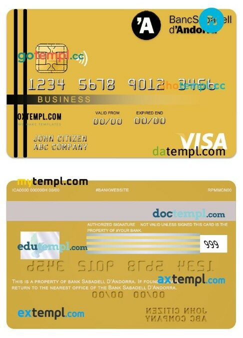Andorra Bank Sabadell visa business card template in PSD format
