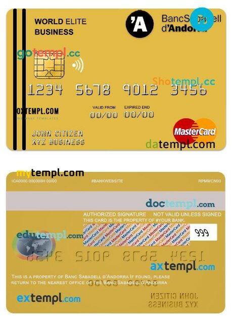 Andorra Bank Sabadell world elite business mastercard template in PSD format