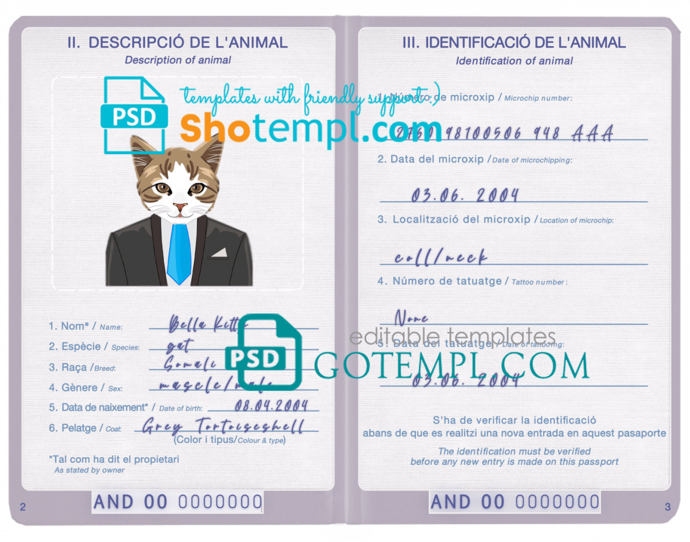 free download Andorran cat (animal, pet) passport PSD example, fully editable