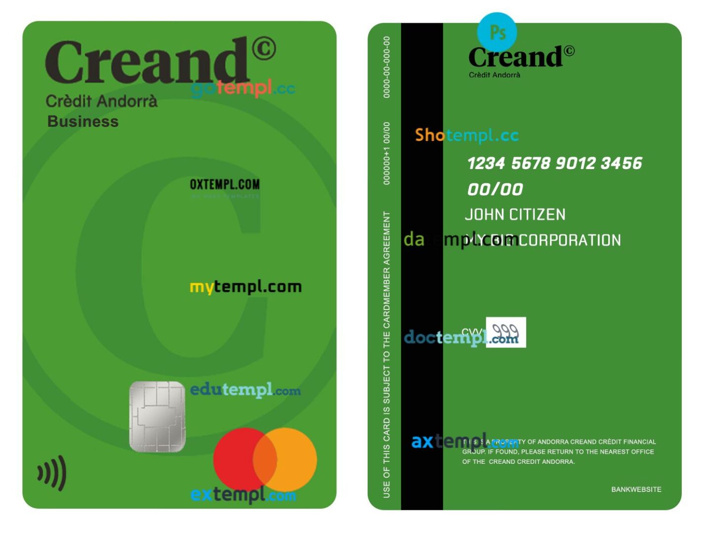 Andorra Creand Crèdit Financial Group vertical business mastercard template in PSD format