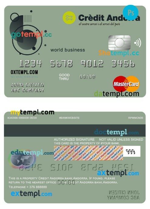 Andorra Credit Andorra bank world business mastercard template in PSD format