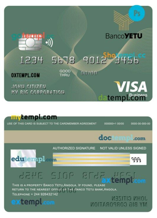 Angola Banco Yetu visa business card template in PSD format