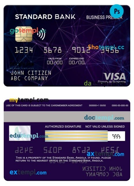 Angola Standard Bank business premier visa card template in PSD format
