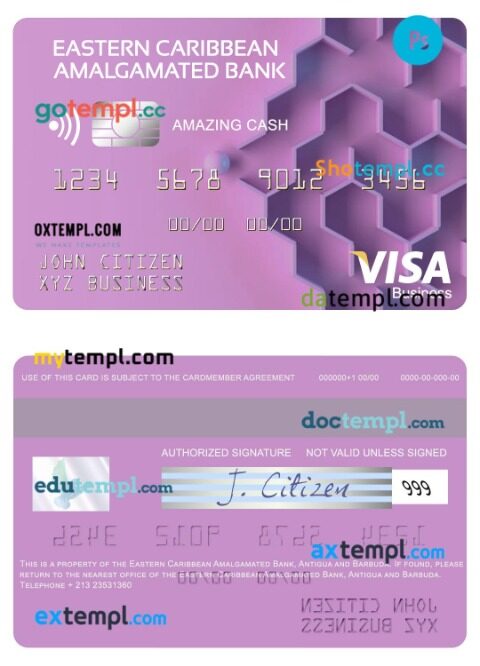 Antigua and Barbuda Eastern Caribbean Amalgamated Bank Cash visa business card template in PSD format
