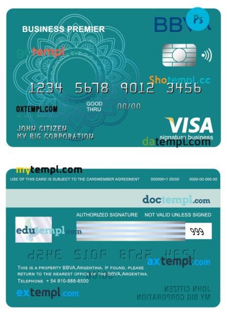 Argentina BBVA bank business visa signature card template in PSD format