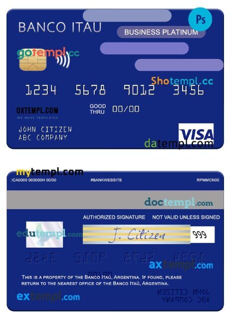 Argentina Banco Itaú Argentina visa business platinum card template in PSD format