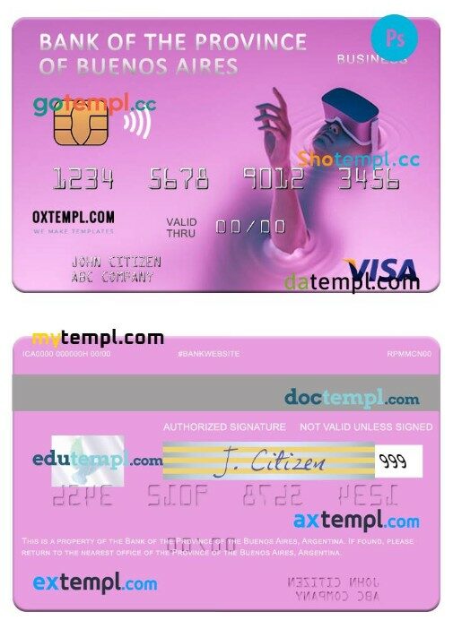 Argentina Bank of the Province of Buenos Aires visa business card template in PSD format