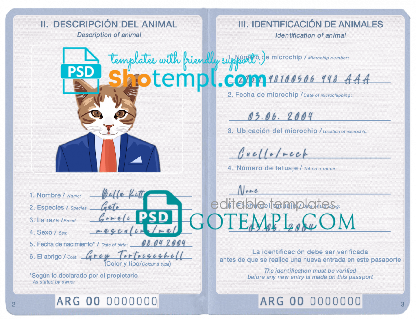 free download Argentinian cat (animal, pet) passport PSD example, fully editable