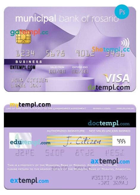 Argentina Municipal Bank of Rosario visa business signature card template in PSD format