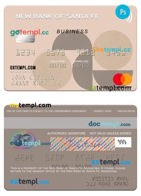 Argentina New Bank of Santa Fe business mastercard template in PSD format