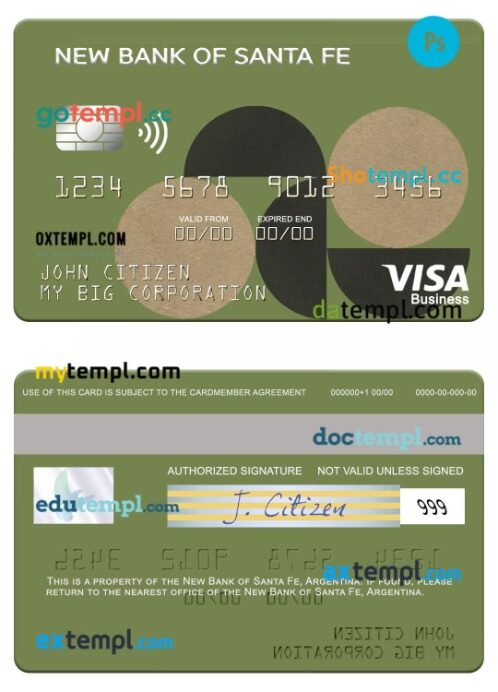 Argentina New Bank of Santa Fe visa business card template in PSD format