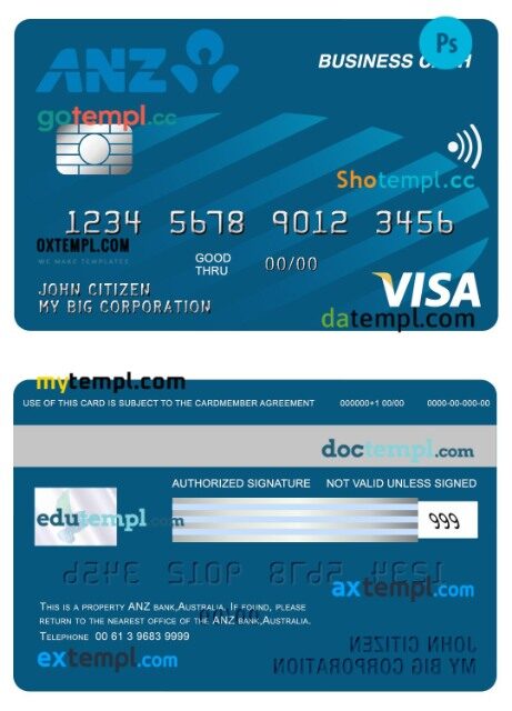 Australia Anz bank visa business cash card template in PSD format