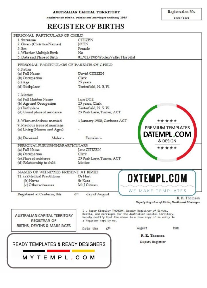 Australian Australiann Capital Territory birth certificate example in Word format, version 2