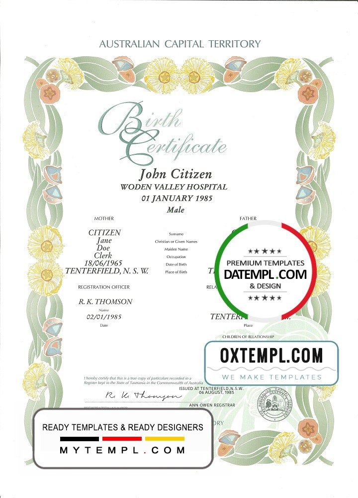 Australian Australiann Capital Territory decorative (commemorative) birth certificate example in PSD format