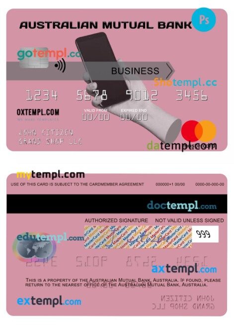 Australia Australian Mutual Bank business mastercard template in PSD format