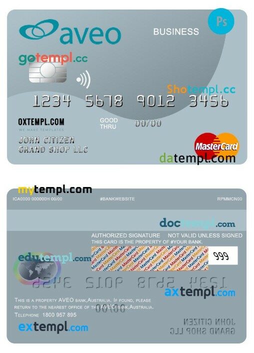 Australia Aveo bank business mastercard template in PSD format