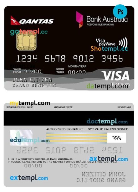 Australia Bank Australia Platinum Rewards Visa business Card template in PSD format