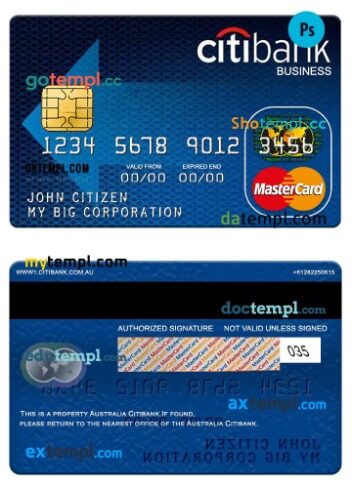 Australia Citibank business mastercard template in PSD format