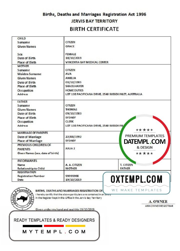 Australian Jervis Bay territory birth certificate example in Word and PDF format
