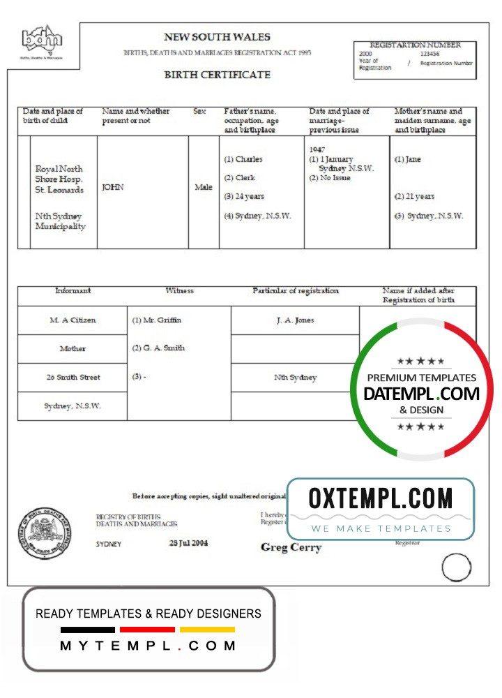 Australian New South Wales birth certificate example in Word format, version 1