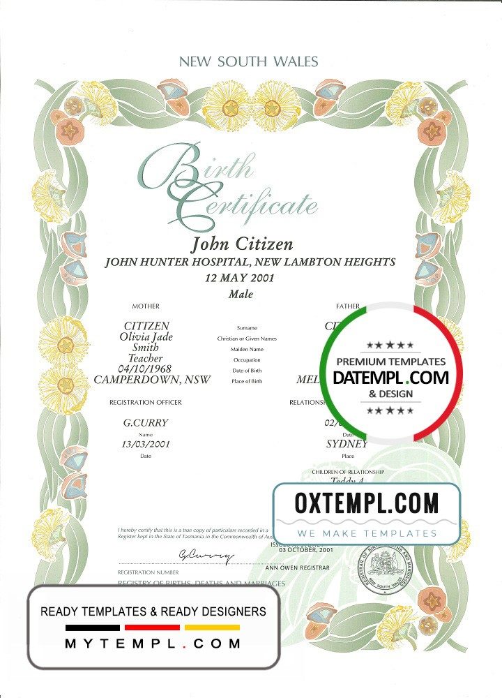 Australian Northern Territory decorative (commemorative) birth certificate example in PSD format, fully editable