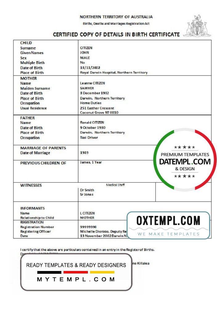 Australian Northern Territory of Australian birth certificate example in Word format