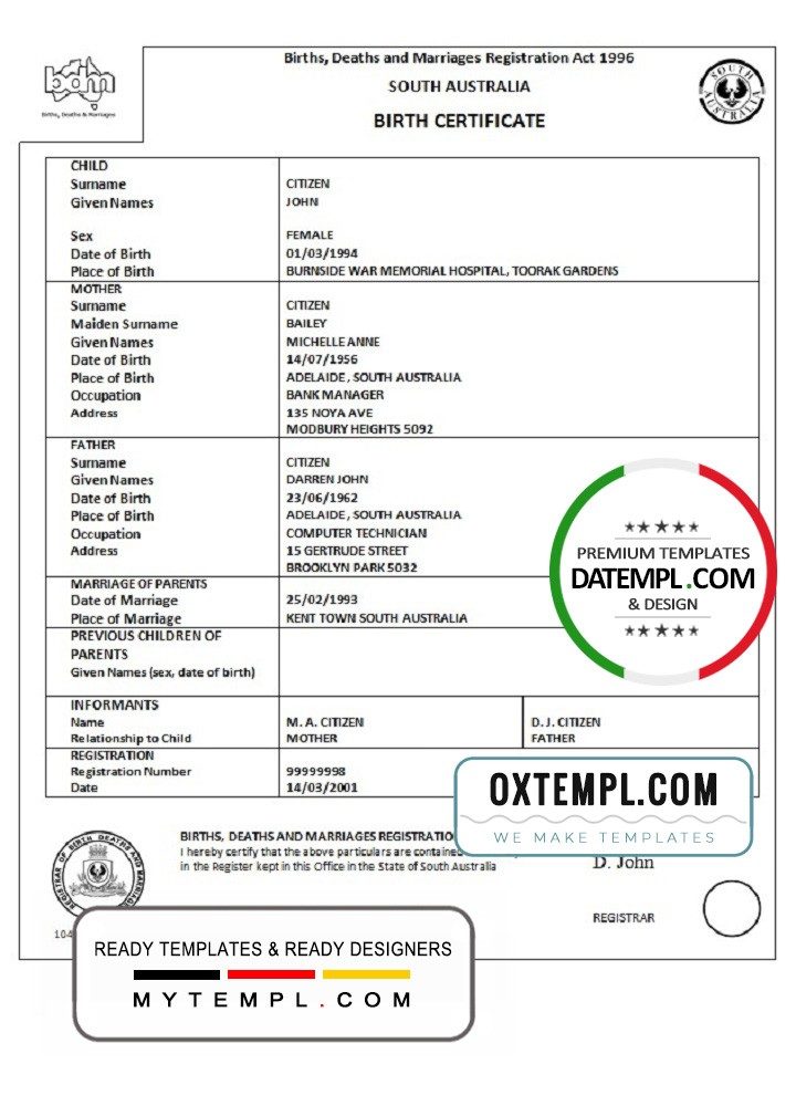 Australian South Australian birth certificate example in Word format, version 1