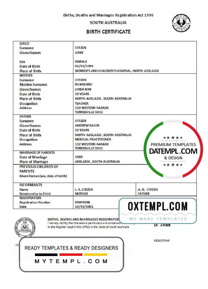 Australian South Australian birth certificate example in Word format, version 2