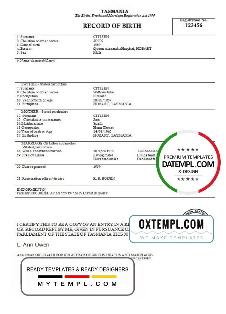 Australian Tasmania birth certificate example in Word format